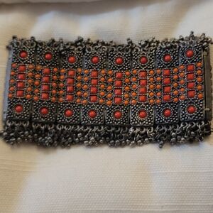 Vintage Dark Charcoal Weighted Metal w/ Red Beads Stretch Expandable Bracelet